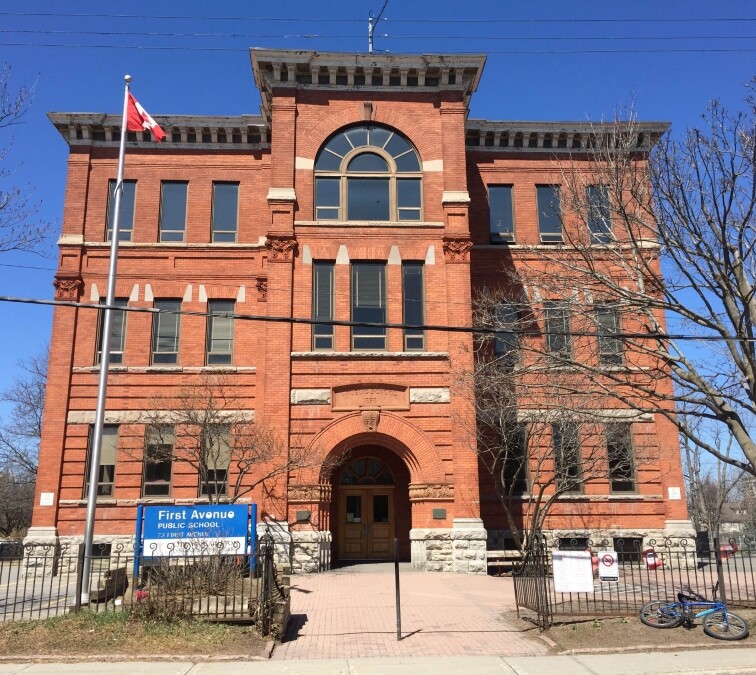 Exterior of first Avenue school - three story brick building